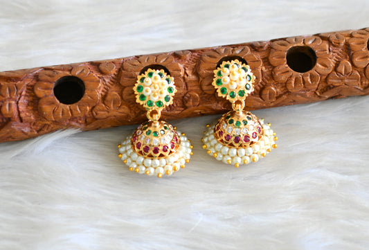 Gold tone South Indian style pink-green-white pearl jhumkka dj-43037