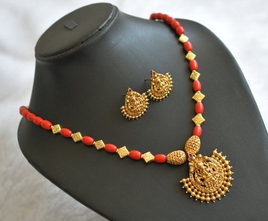 Matte finish coral-kemp stone lakshmi necklace set dj-46329