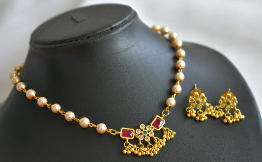 Gold tone ruby-green-white pearl flower choker necklace set dj-44511