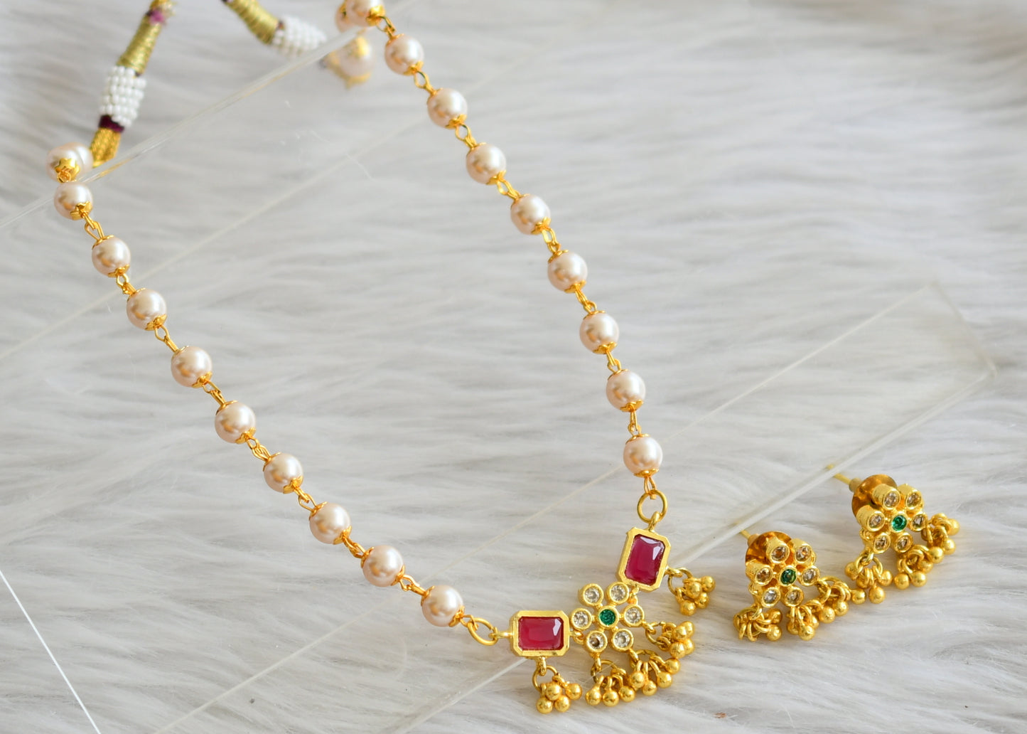 Gold tone ruby-green-white pearl flower choker necklace set dj-44511