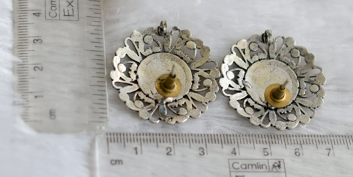 Silver tone round flower mirror big earrings dj-47933