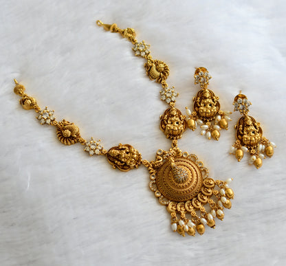 Antique gold tone cz white lakshmi peacock flower necklace set dj-46338
