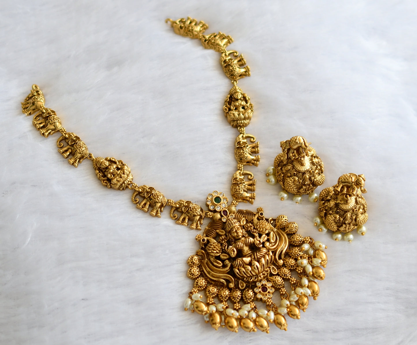 Antique gold tone kemp-green-white lakshmi peacock elephant necklace set dj-46339