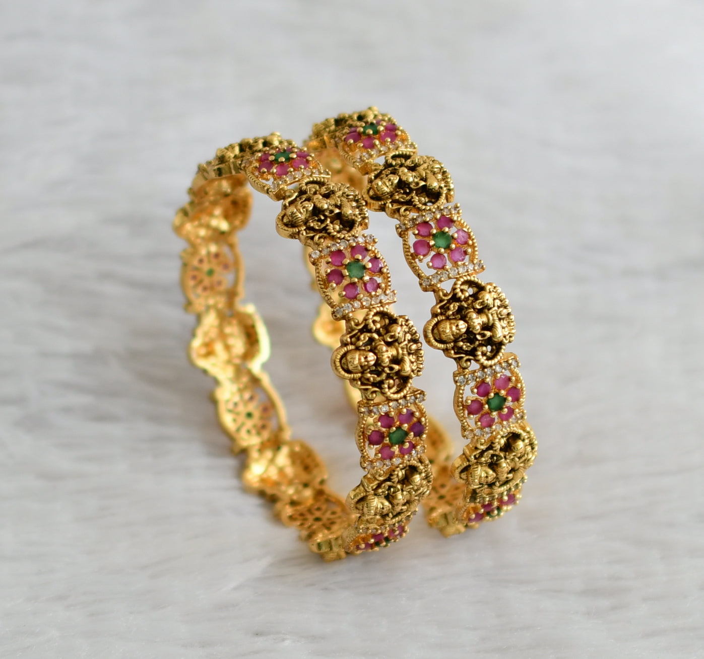 Antique gold tone ruby-green lakshmi flower bangles(2.4) dj-47959