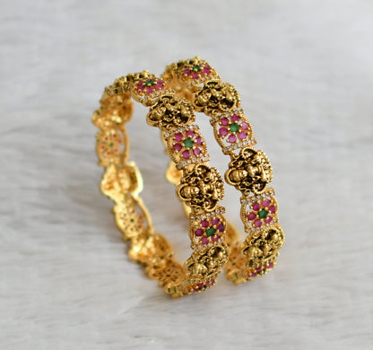 Antique gold tone ruby-green lakshmi flower bangles(2.8) dj-47961