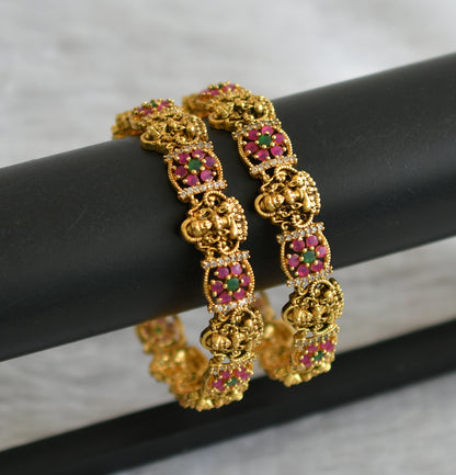 Antique gold tone ruby-green lakshmi flower bangles(2.4) dj-47959