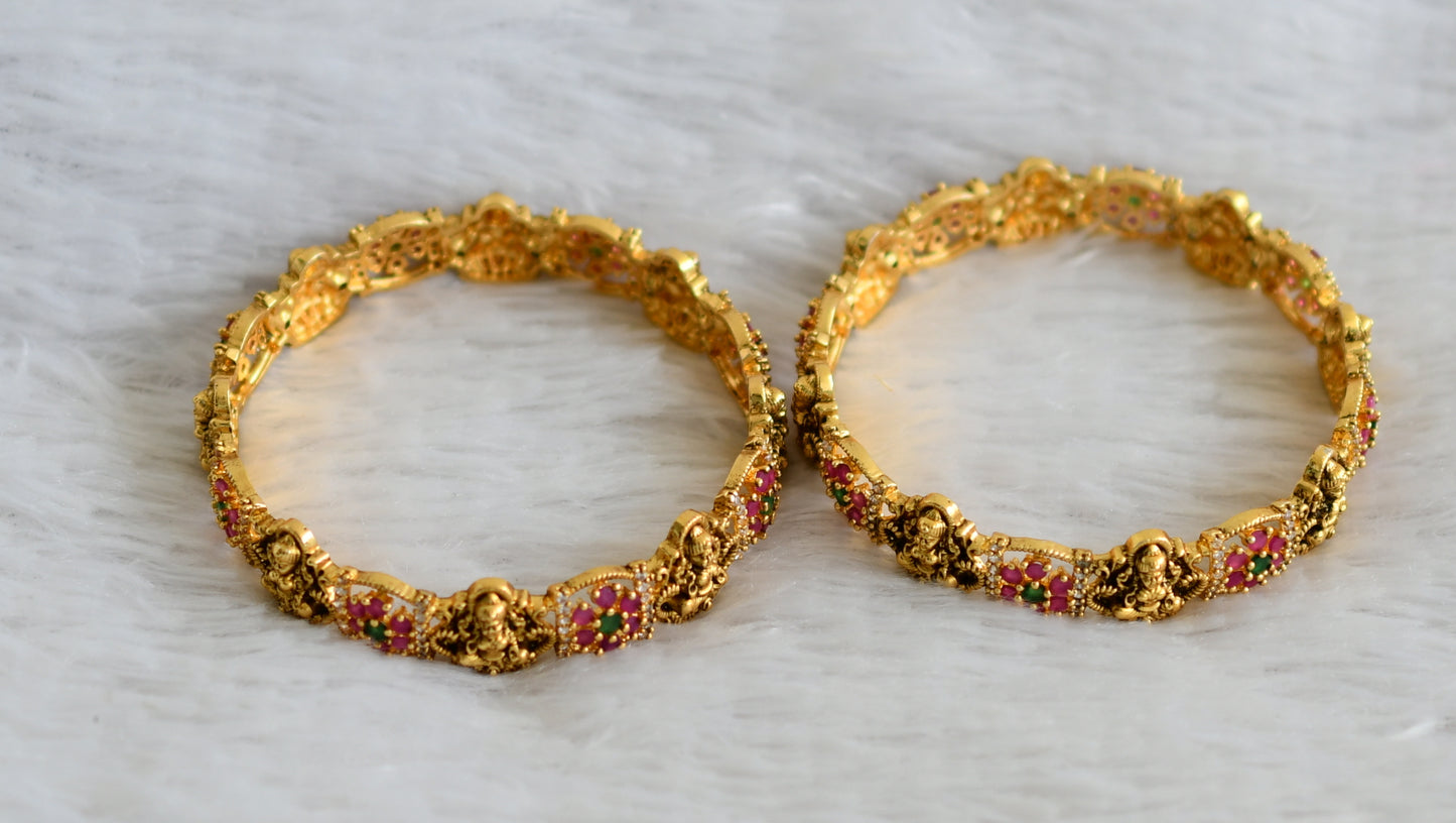 Antique gold tone ruby-green lakshmi flower bangles(2.4) dj-47959