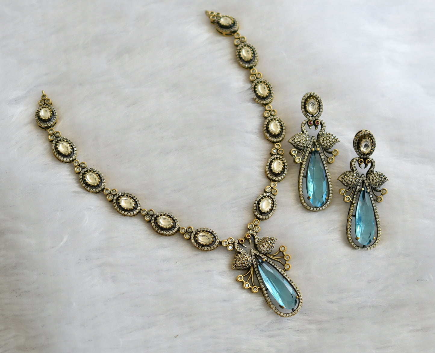 Antique cz blue-white peacock victorian necklace set dj-46342