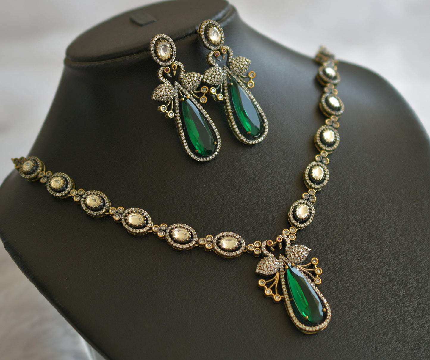 Antique cz green-white peacock victorian necklace set dj-46341