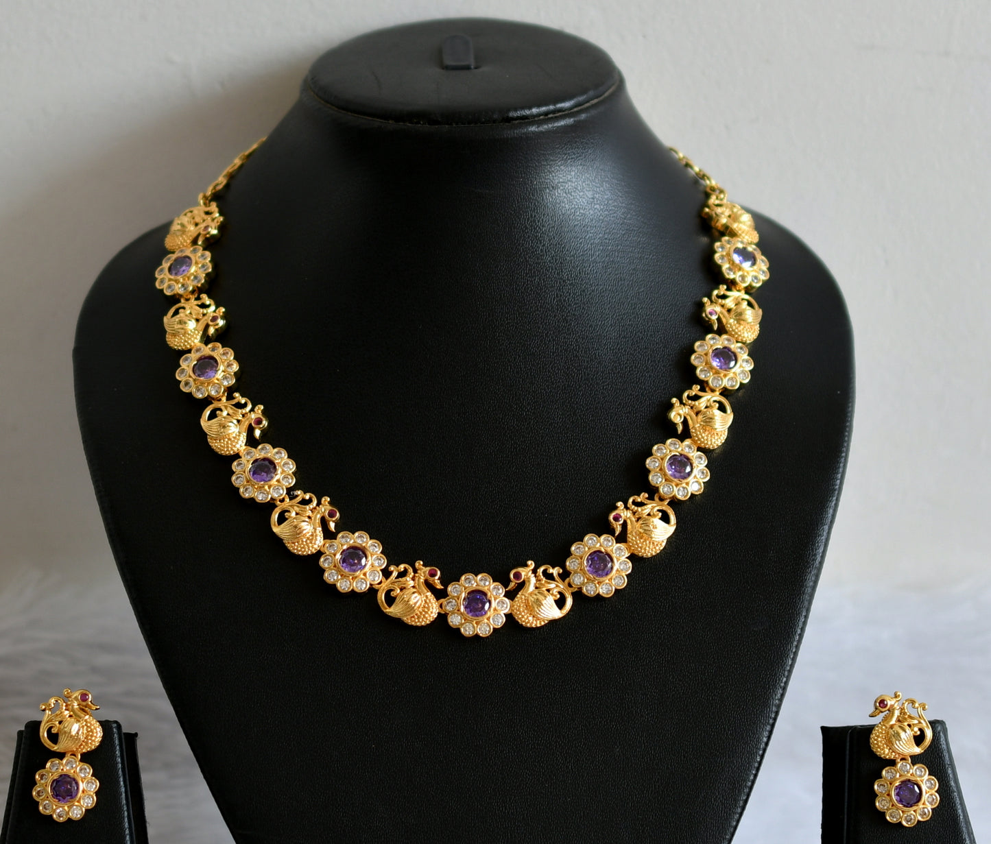 Gold tone cz-purple stone peacock flower necklace set dj-49866