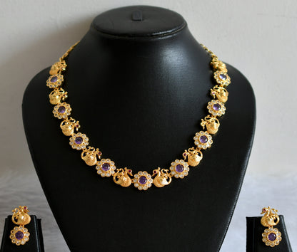 Gold tone cz-purple stone peacock flower necklace set dj-49866