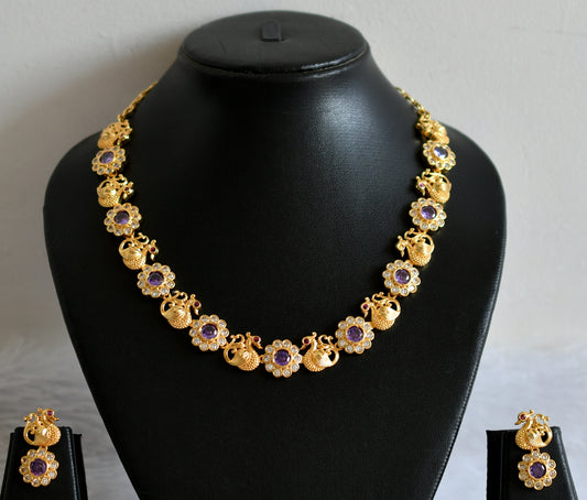 Gold tone cz-purple stone peacock flower necklace set dj-49866