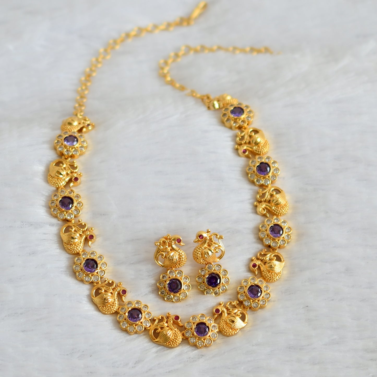 Gold tone cz-purple stone peacock flower necklace set dj-49866