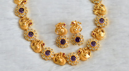 Gold tone cz-purple stone peacock flower necklace set dj-49866