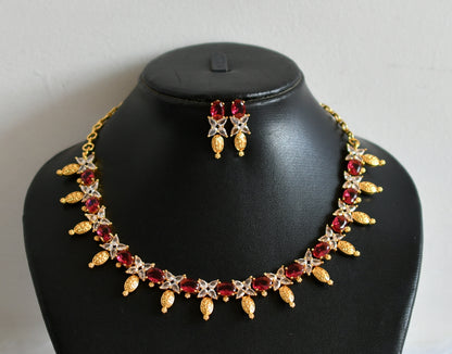 Gold tone magenta pink-white oval stone necklace set dj-49872