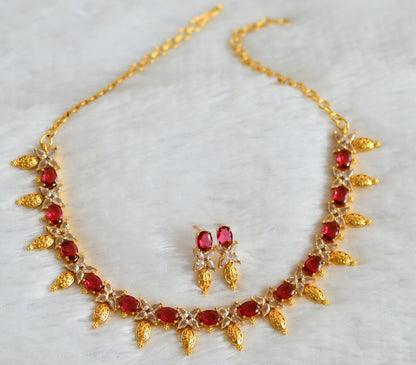 Gold tone magenta pink-white oval stone necklace set dj-49872