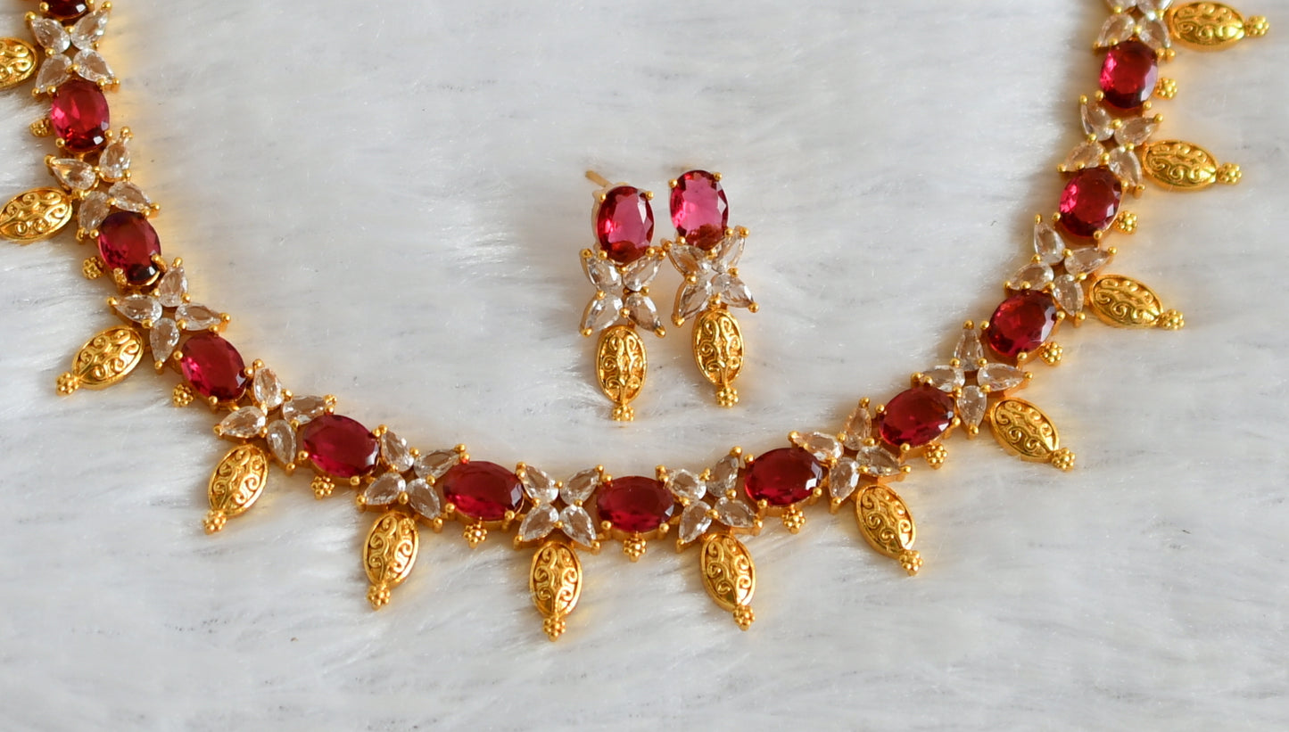 Gold tone magenta pink-white oval stone necklace set dj-49872