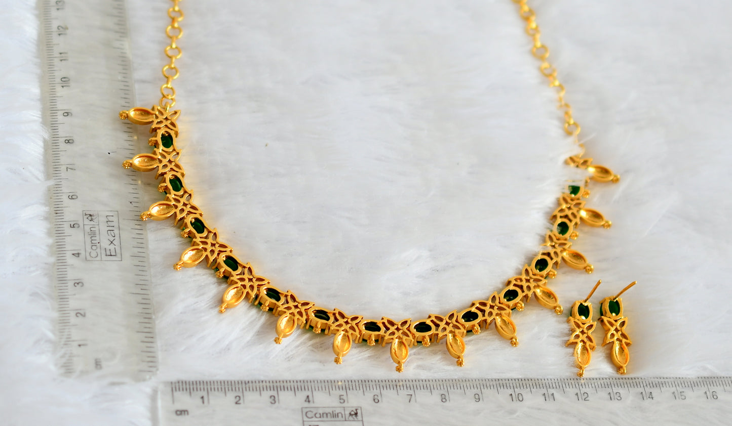 Gold tone bottle green-white oval stone necklace set dj-49873