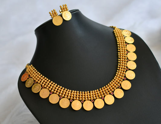 Gold tone ad pink stone lakshmi coin necklace set dj-46347