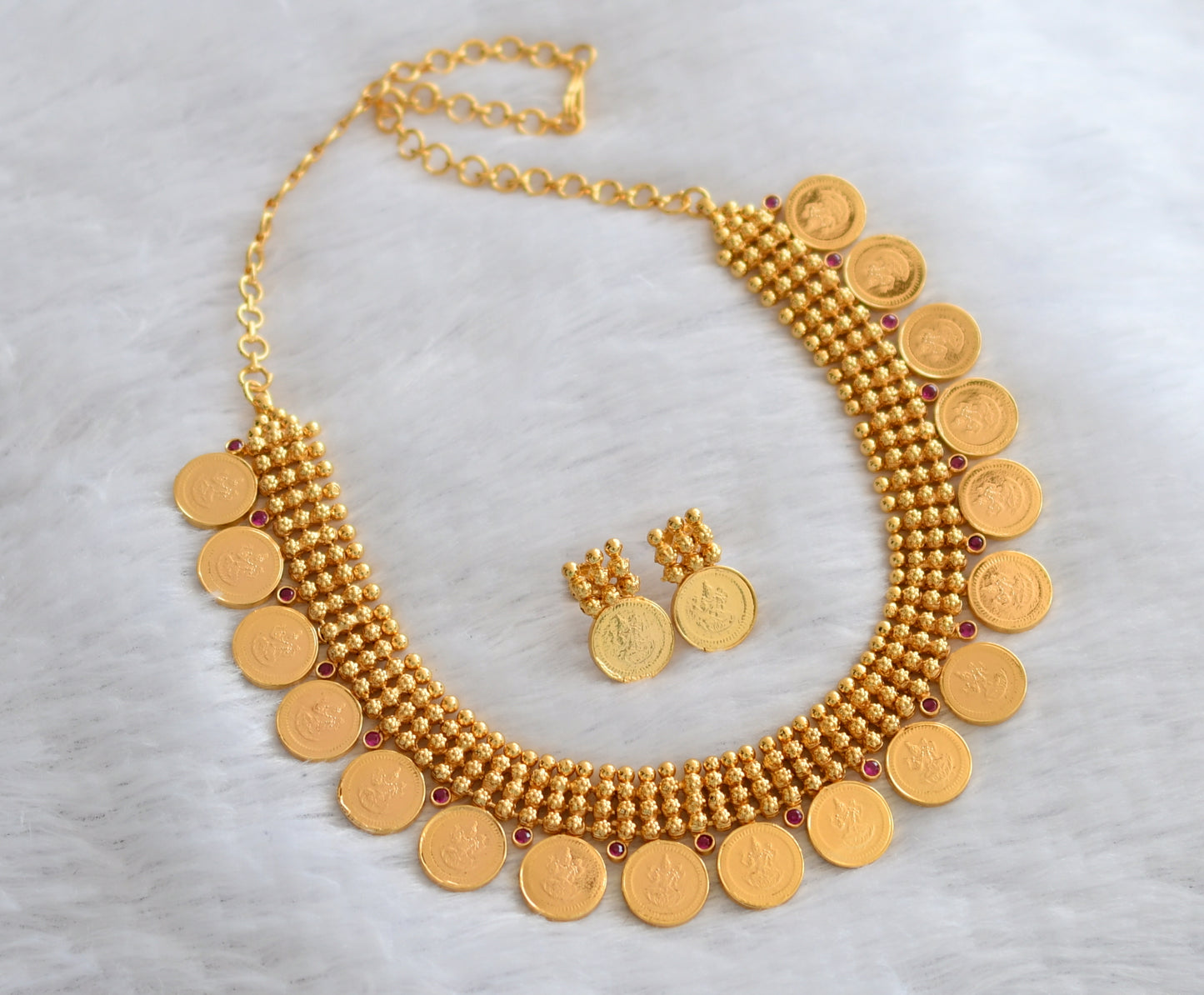 Gold tone ad pink stone lakshmi coin necklace set dj-46347