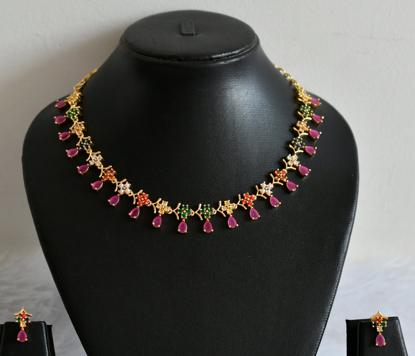 Gold tone ruby navarathna stone flower necklace set dj-49871