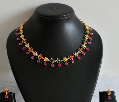 Gold tone ruby navarathna stone flower necklace set dj-49871