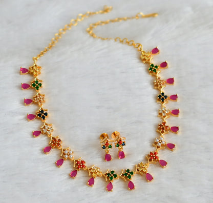Gold tone ruby navarathna stone flower necklace set dj-49871
