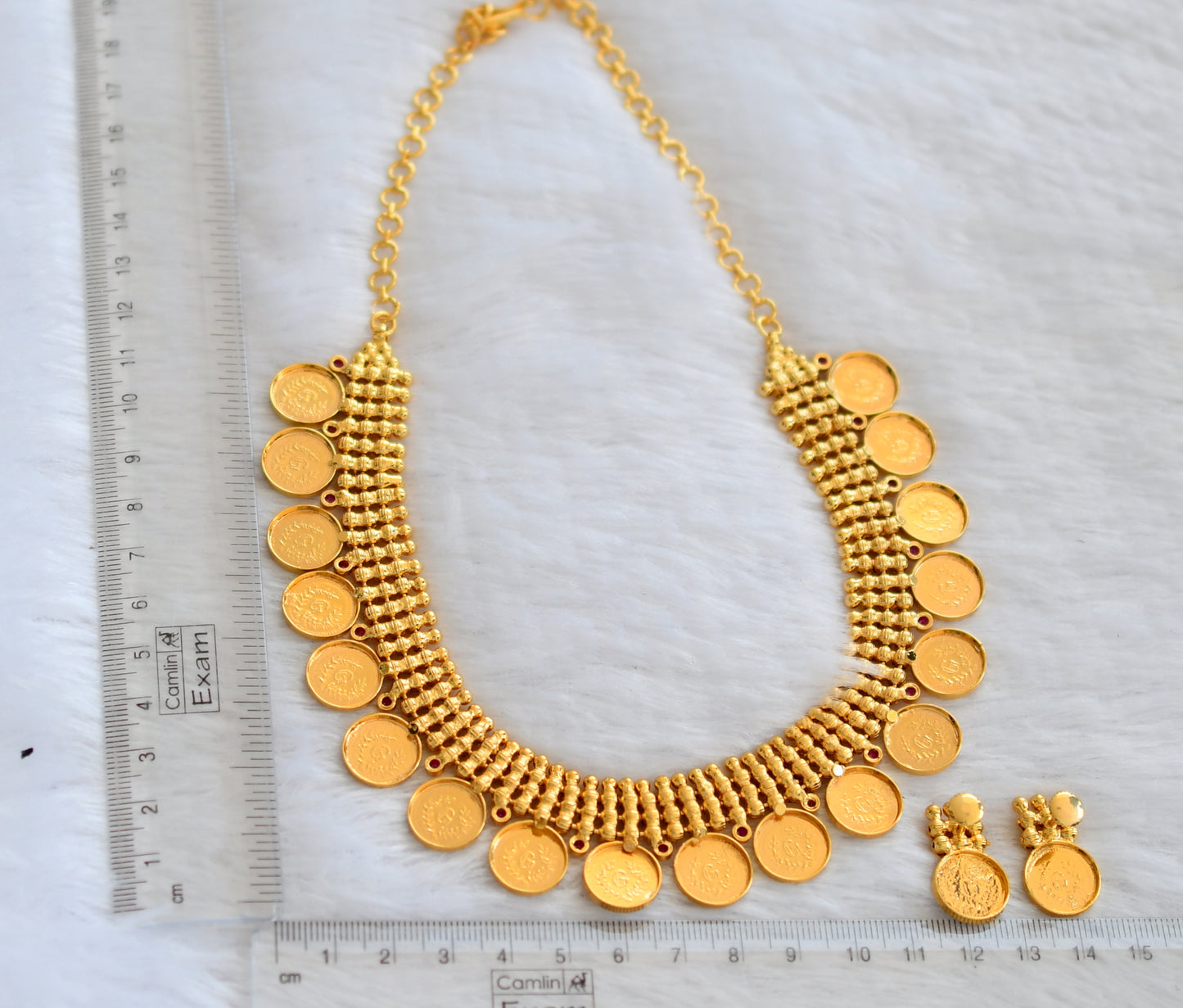 Gold tone ad pink stone lakshmi coin necklace set dj-46347