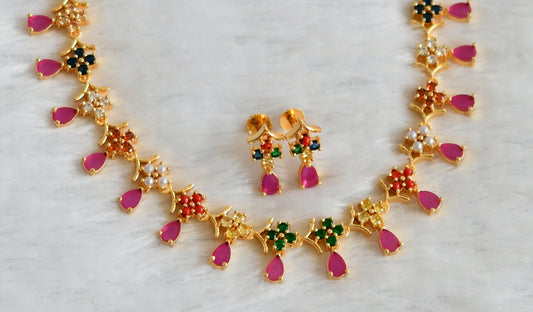 Gold tone ruby navarathna stone flower necklace set dj-49871