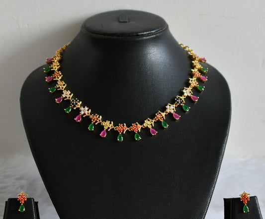 Gold tone ruby-green navarathna flower necklace set dj-49870