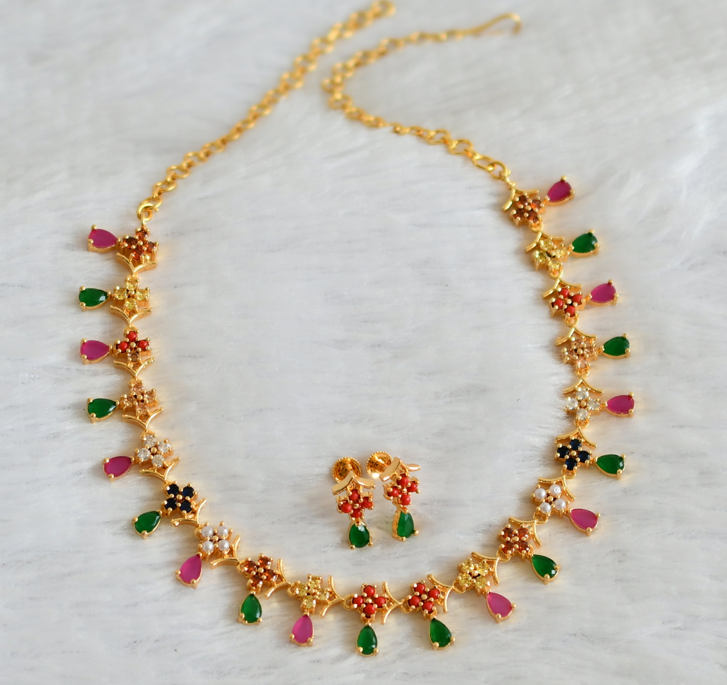 Gold tone ruby-green navarathna flower necklace set dj-49870