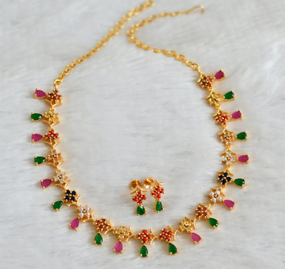 Gold tone ruby-green navarathna flower necklace set dj-49870