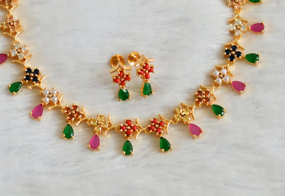 Gold tone ruby-green navarathna flower necklace set dj-49870