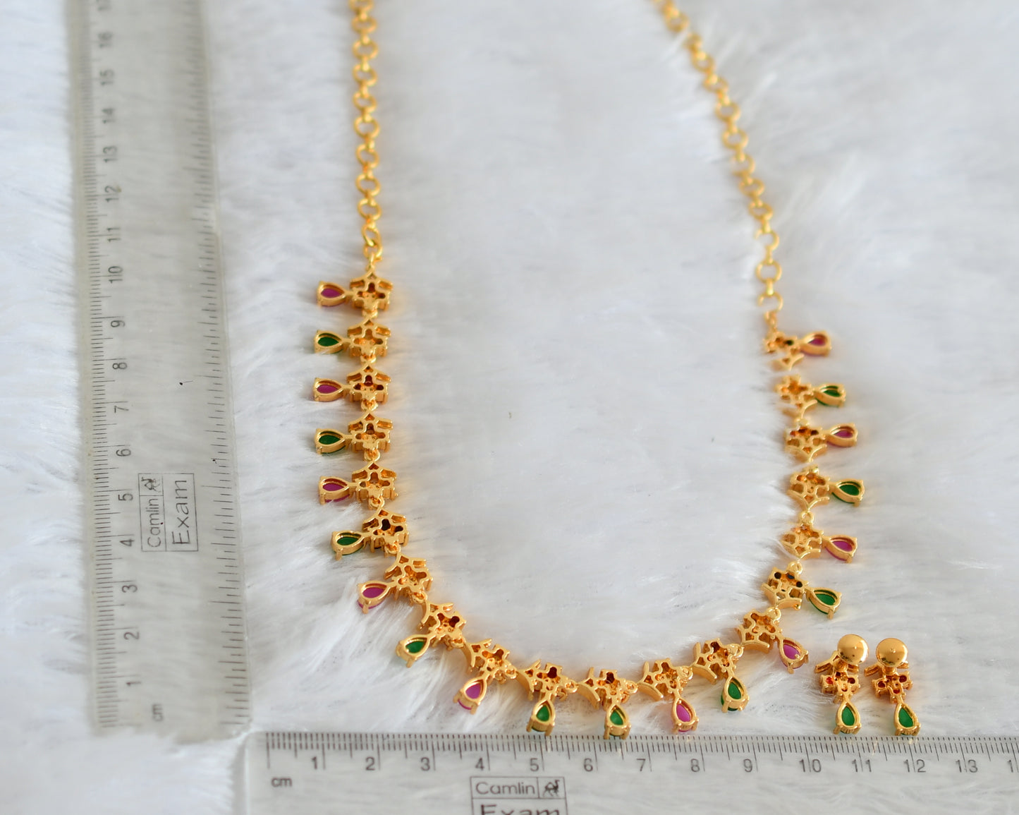 Gold tone ruby-green navarathna flower necklace set dj-49870