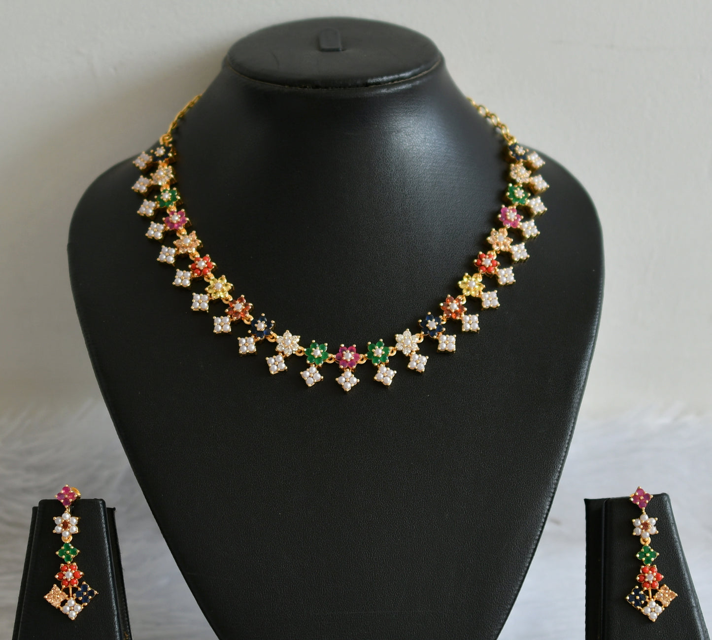 Gold tone navarathna stone flower necklace set dj-49869