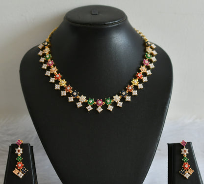 Gold tone navarathna stone flower necklace set dj-49869