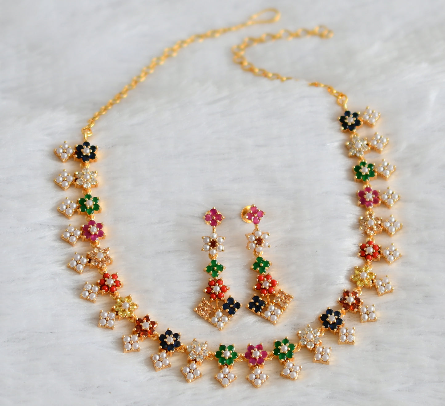 Gold tone navarathna stone flower necklace set dj-49869