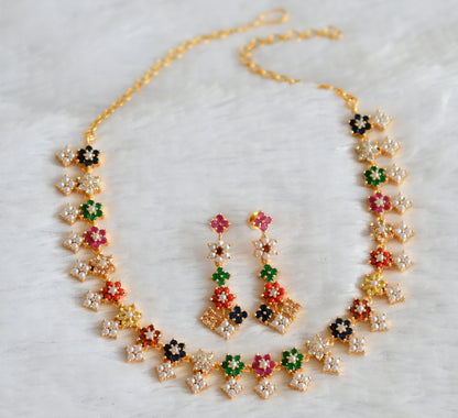 Gold tone navarathna stone flower necklace set dj-49869