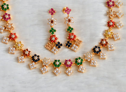 Gold tone navarathna stone flower necklace set dj-49869