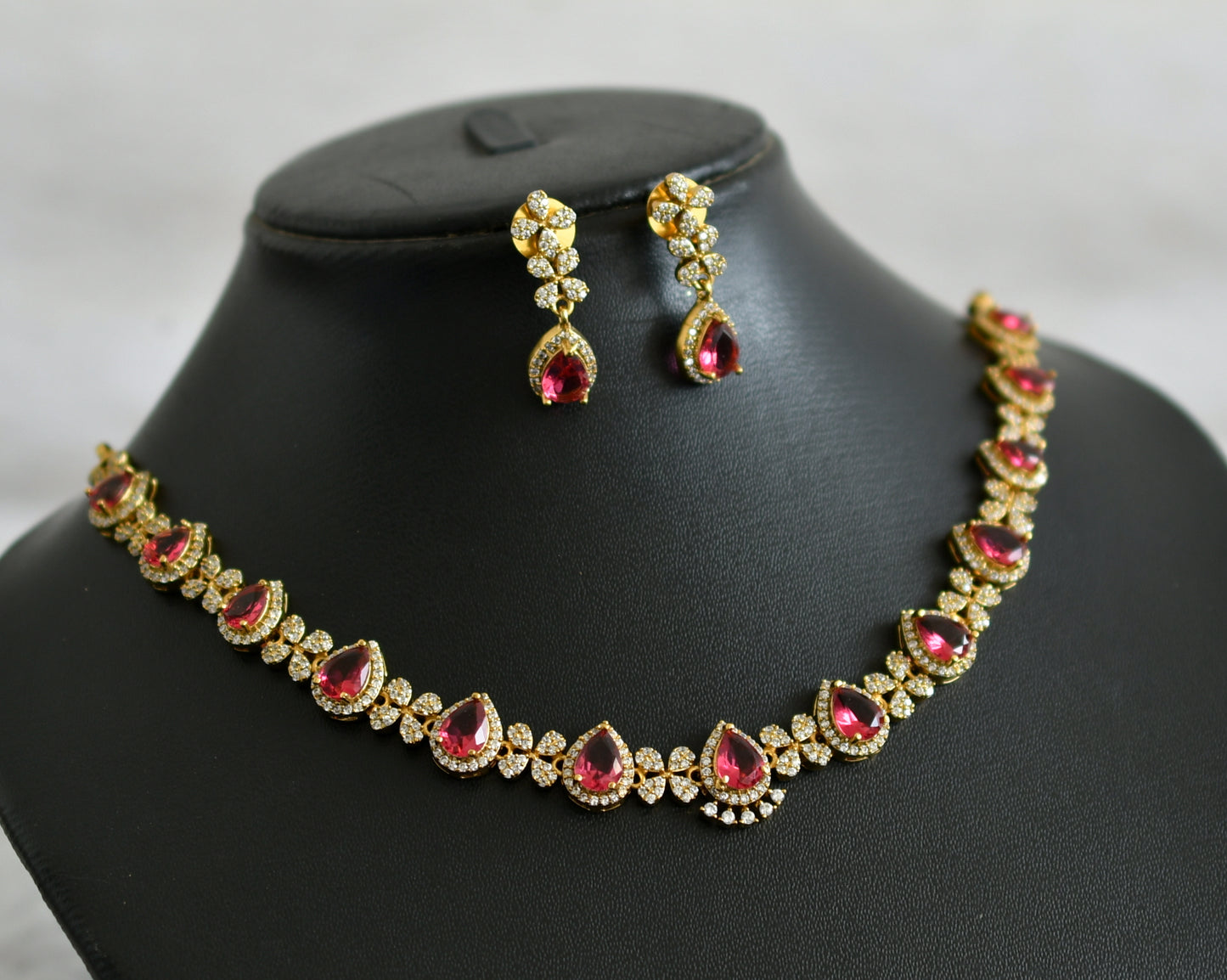 Matte finish cz magenta pink tilak stone necklace set dj-47971