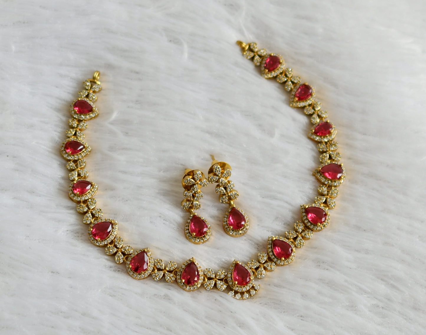 Matte finish cz magenta pink tilak stone necklace set dj-47971