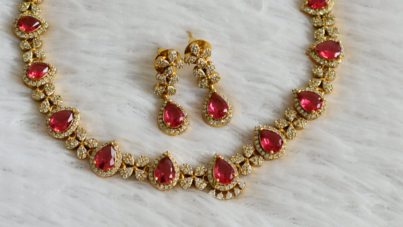 Matte finish cz magenta pink tilak stone necklace set dj-47971