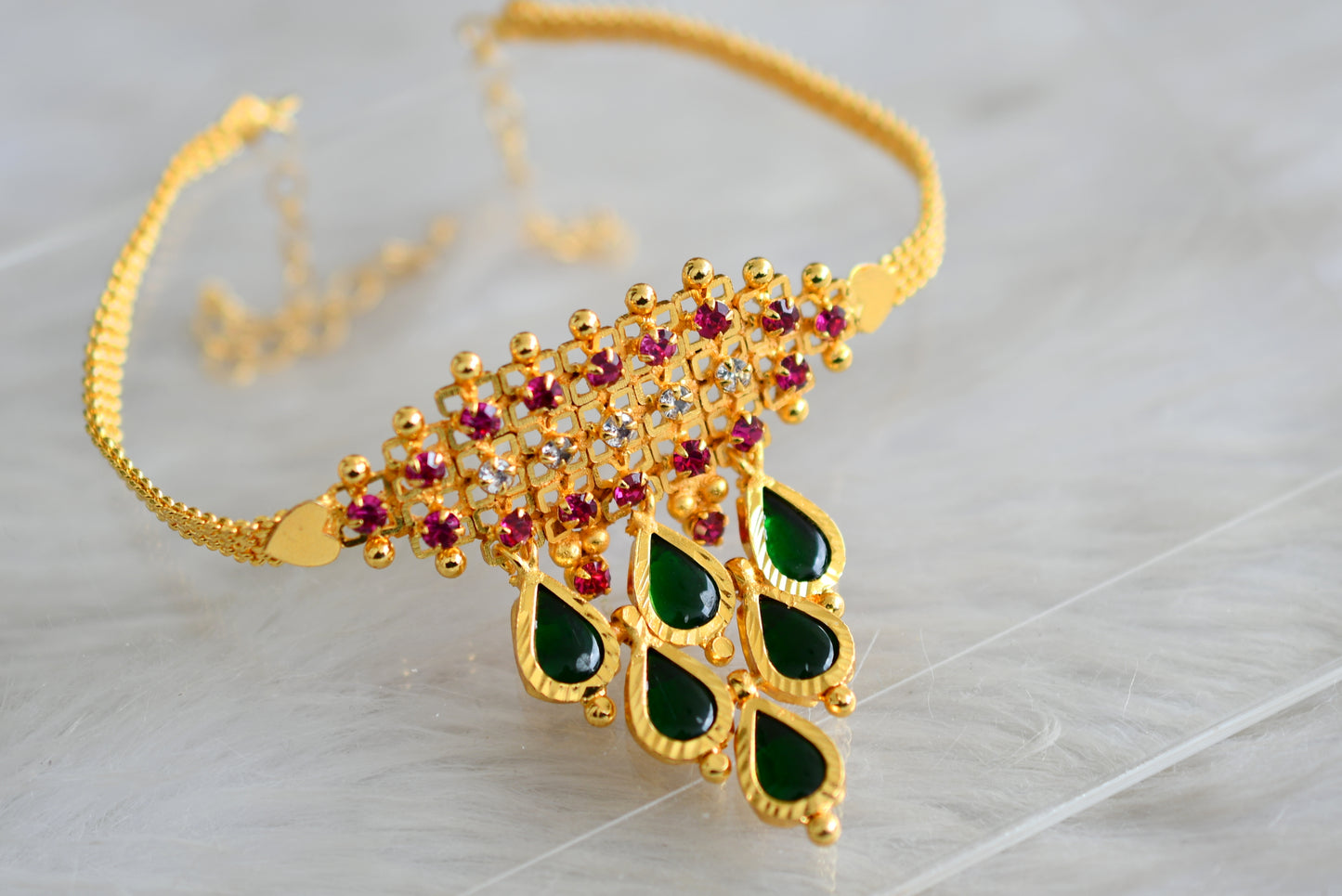 Gold tone Kerala style pink-green gopi choker necklace dj-43062