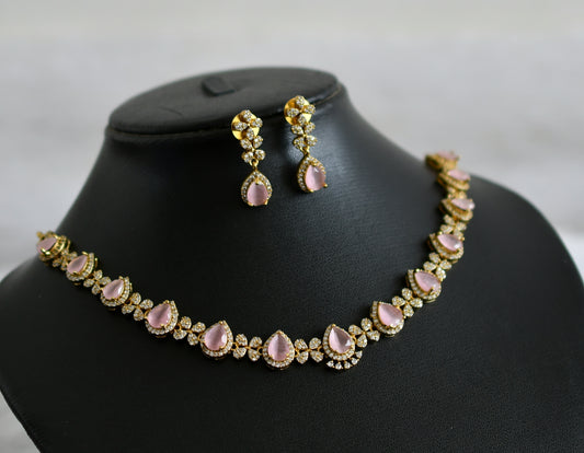 Matte finish cz baby pink tilak stone necklace set dj-47969