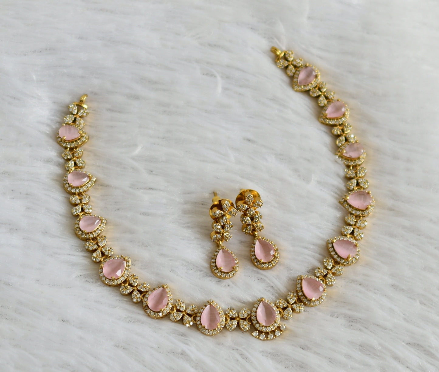 Matte finish cz baby pink tilak stone necklace set dj-47969