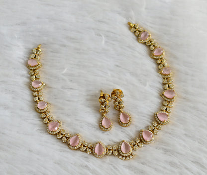 Matte finish cz baby pink tilak stone necklace set dj-47969