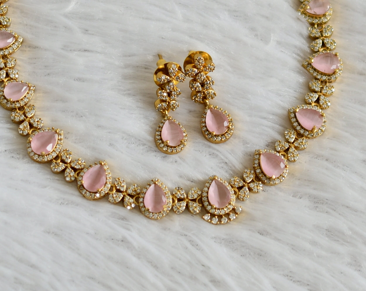 Matte finish cz baby pink tilak stone necklace set dj-47969