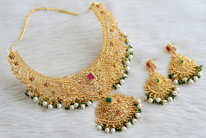 Gold tone cz ruby-green big designer necklace set dj-34562