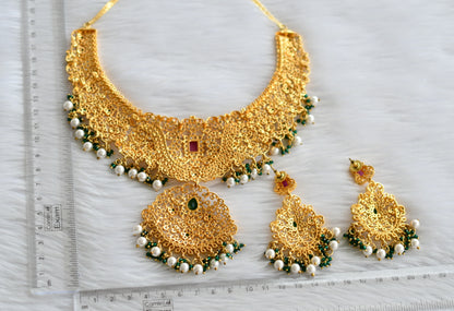 Gold tone cz ruby-green big designer necklace set dj-34562
