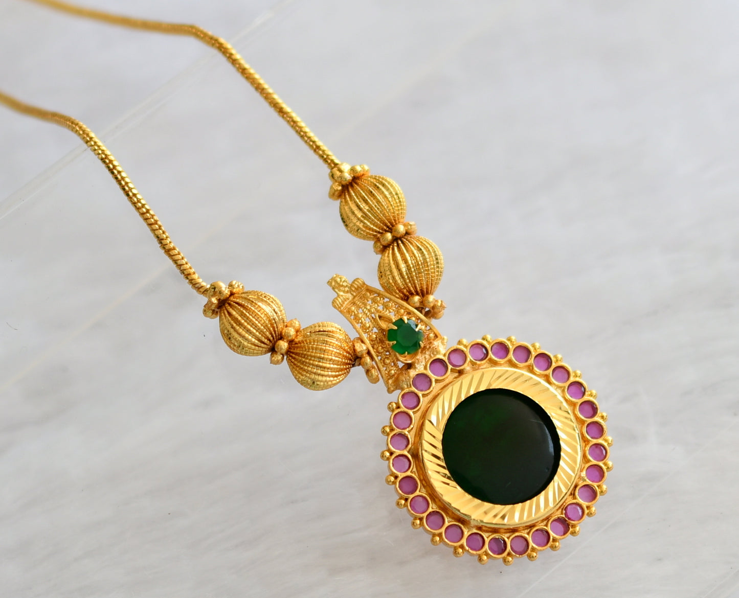 Gold tone kerala style ruby-green round kodi necklace dj-46356
